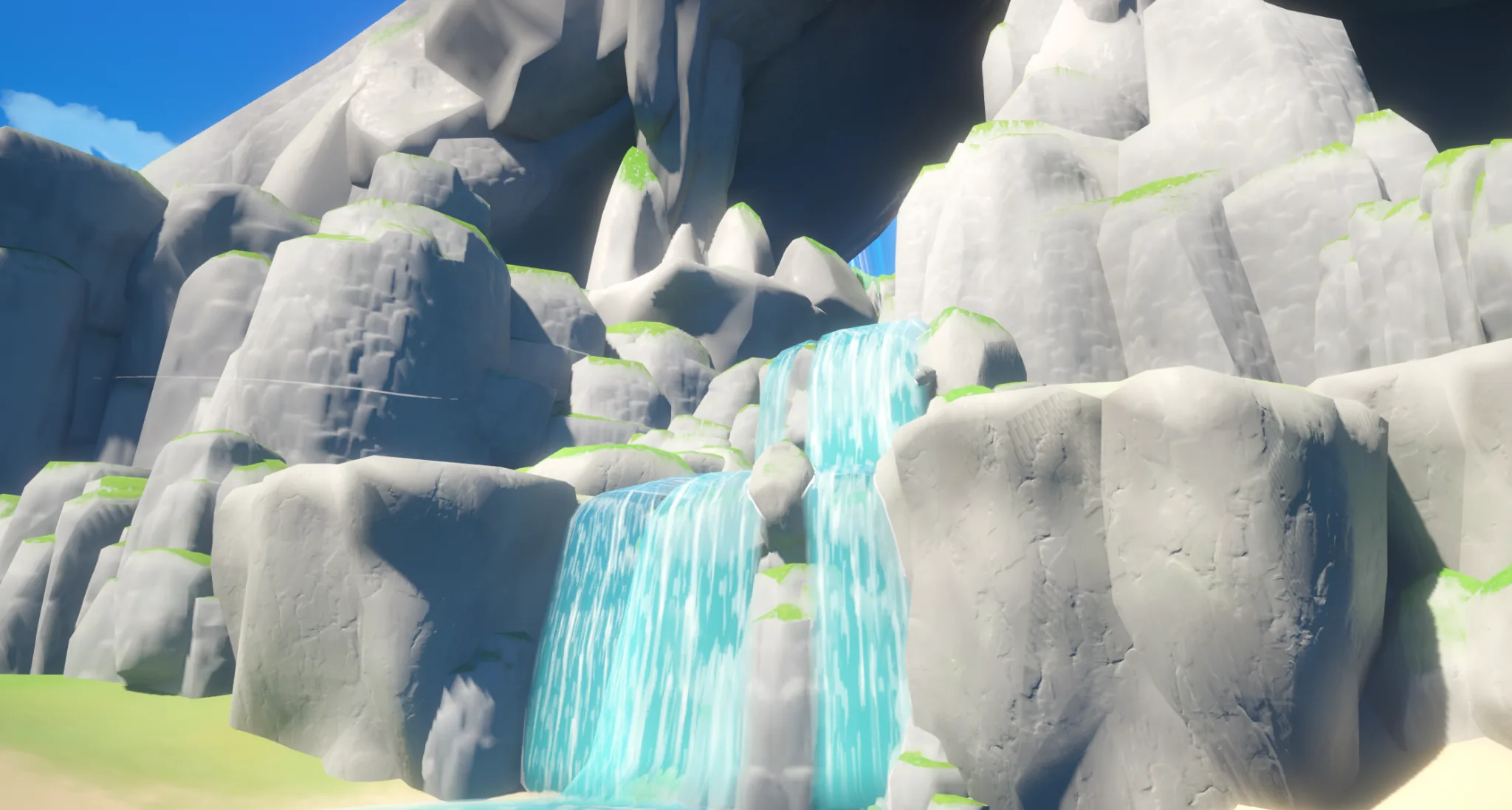 Stylized rocky waterfall environment built in Unreal Engine